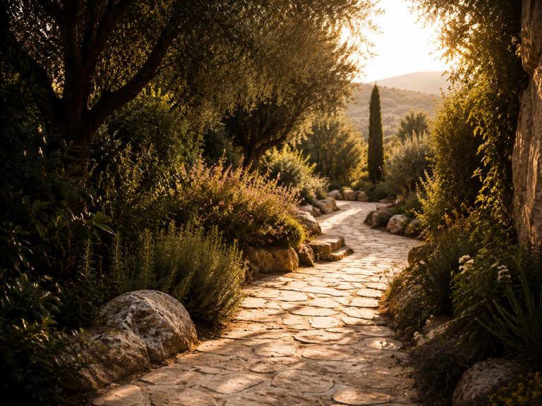 Camino iluminado entre olivos como símbolo de propósito y dirección