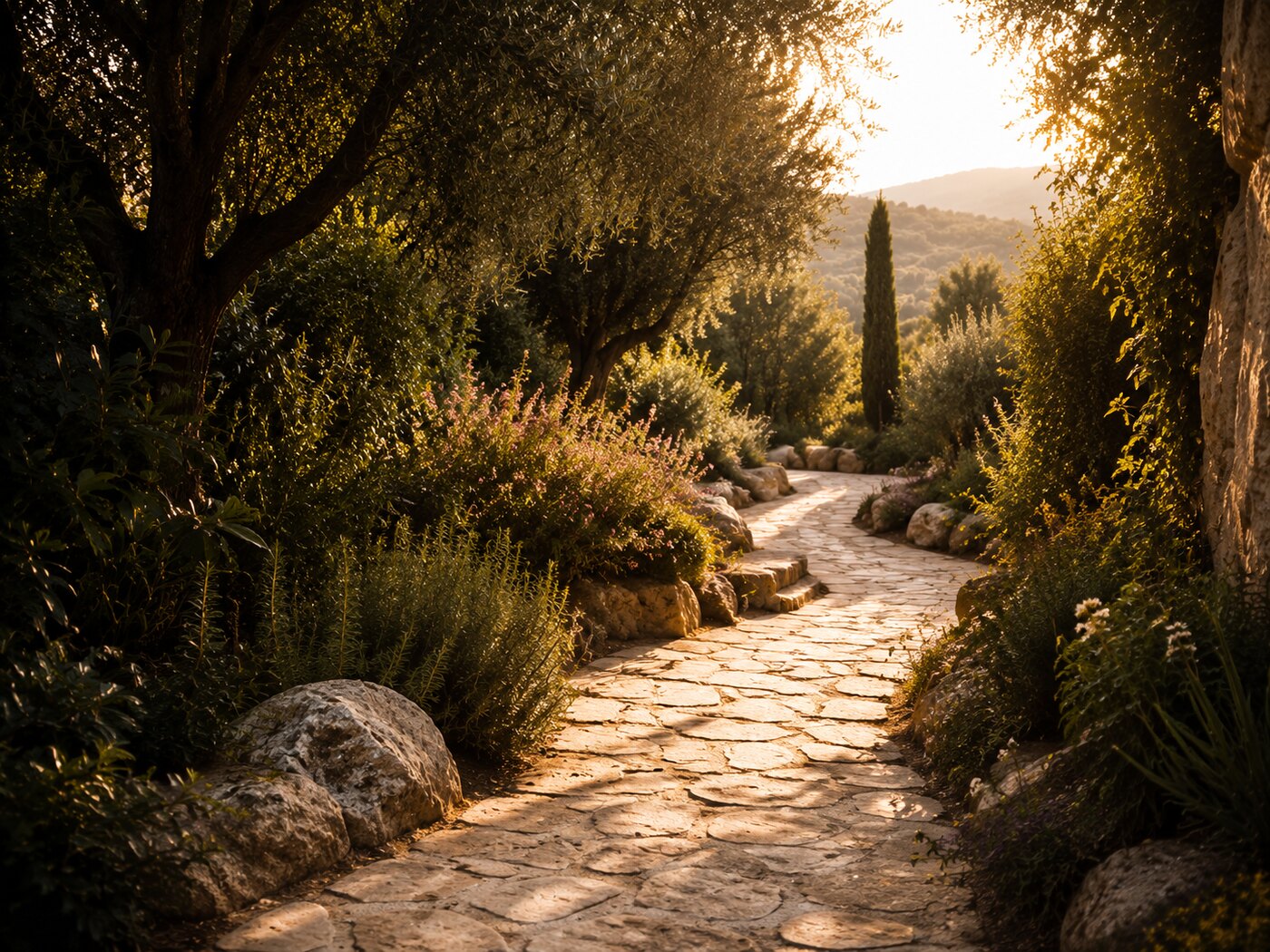 Camino iluminado entre olivos como símbolo de propósito