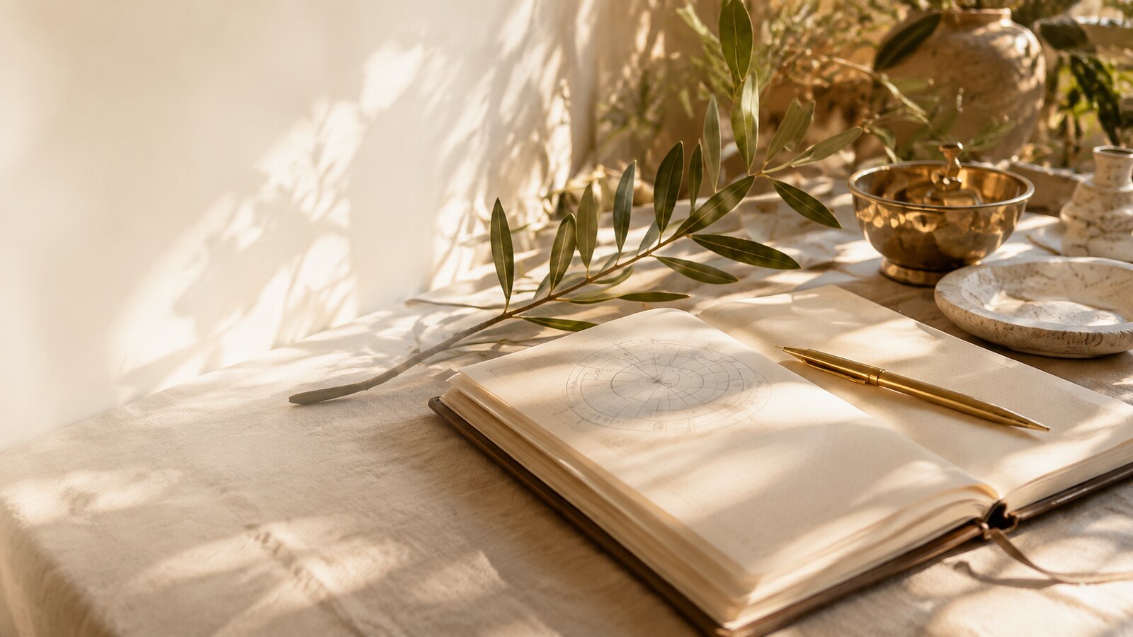 Cuaderno astrológico, olivo y objetos simbólicos