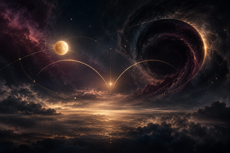 Composición celestial en tonos ciruela y dorado