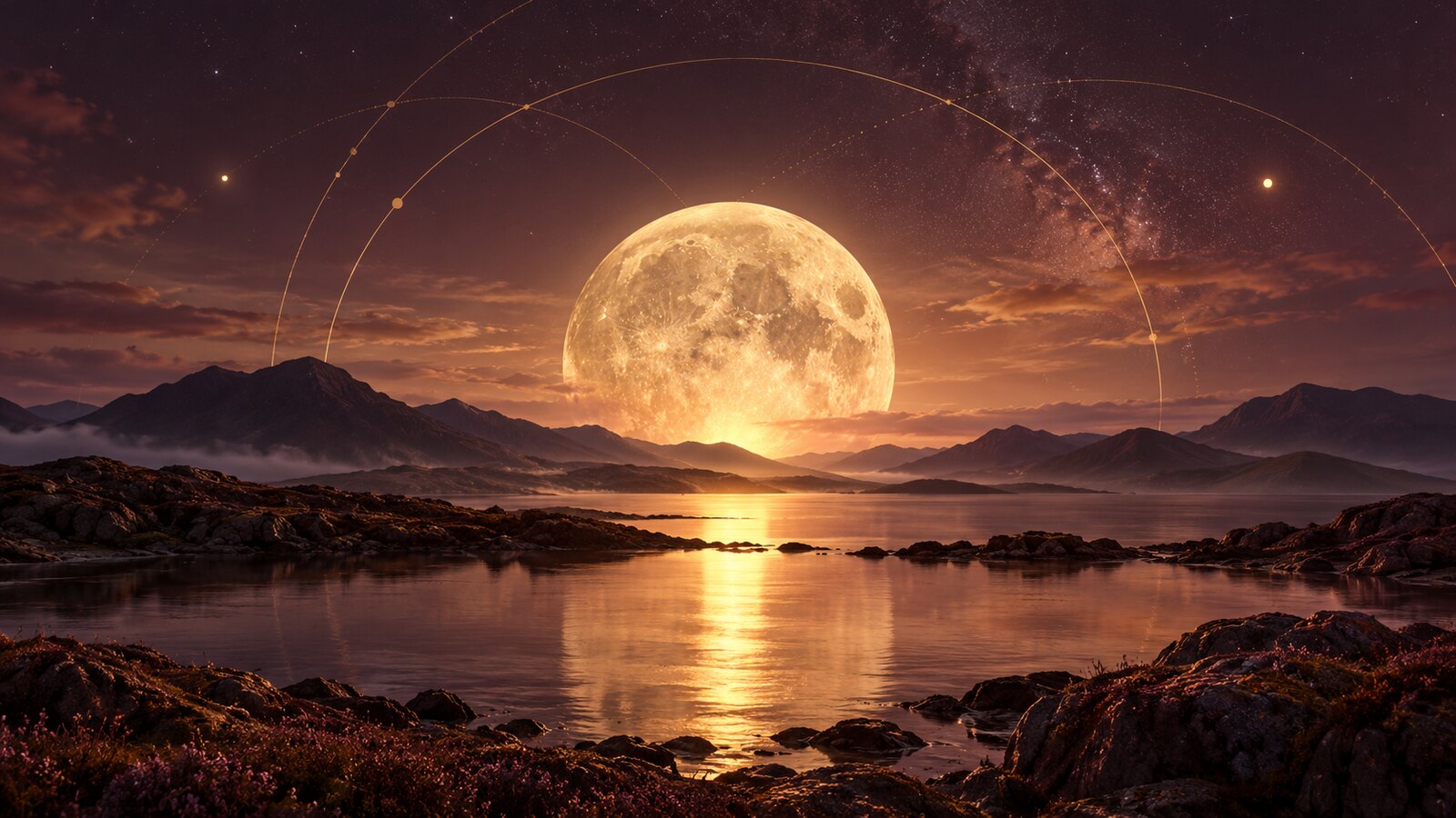 Luna llena dorada sobre un paisaje en tonos ciruela